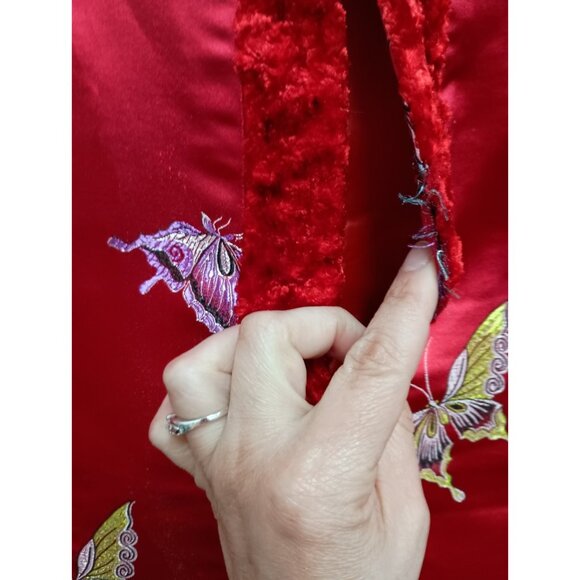 Vintage Jing Xia Womens Chinese Vest Sz Large Red Satin Butterfly Faux Fur Trim - Picture 5 of 10